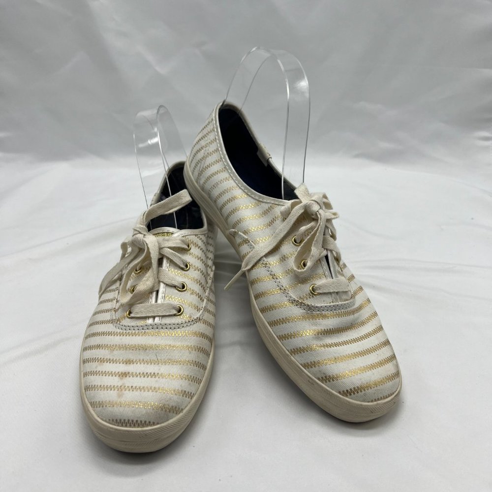 Keds Gold White Striped Zipper Print Champion Sneakers Size 9 Round Toe Lace Up
